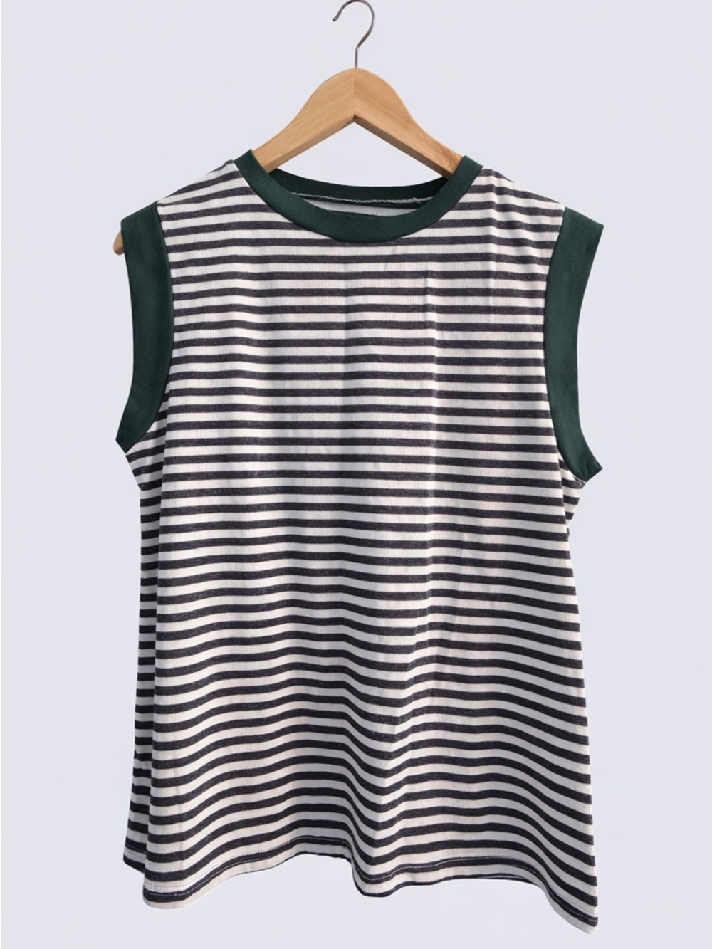 SHEIN Black & White Stripe Tank with Dark Green Trim